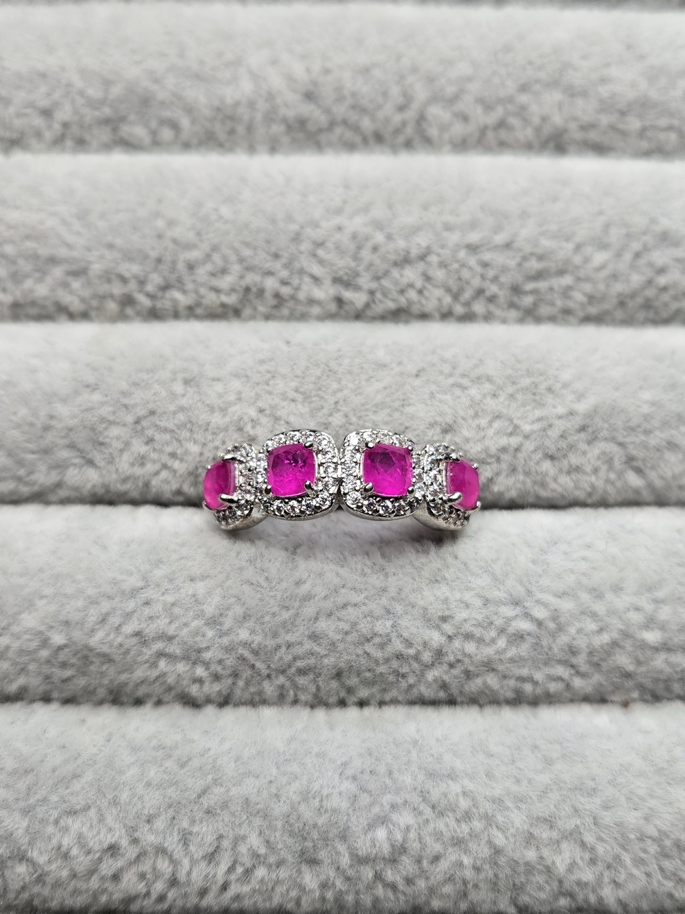 Size 7 Lab Ruby With Diamond Cubic Zirconia July Rhodium Plated Bomb Party Ring